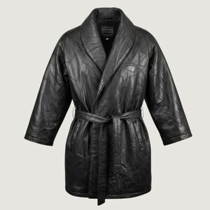 MAXAM Leather Jacket Mens XL Black Italian Mosaic Lambskin Belted Coat